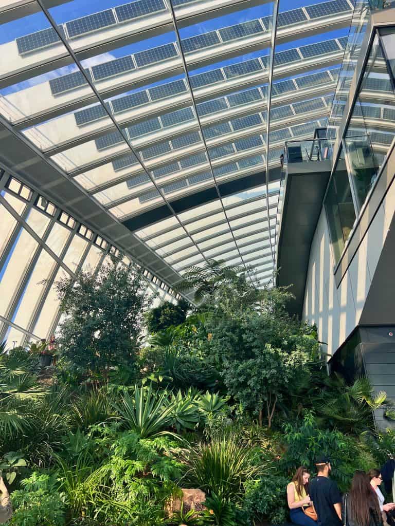 An indoor garden with a variety of plants and glass walls and ceiling